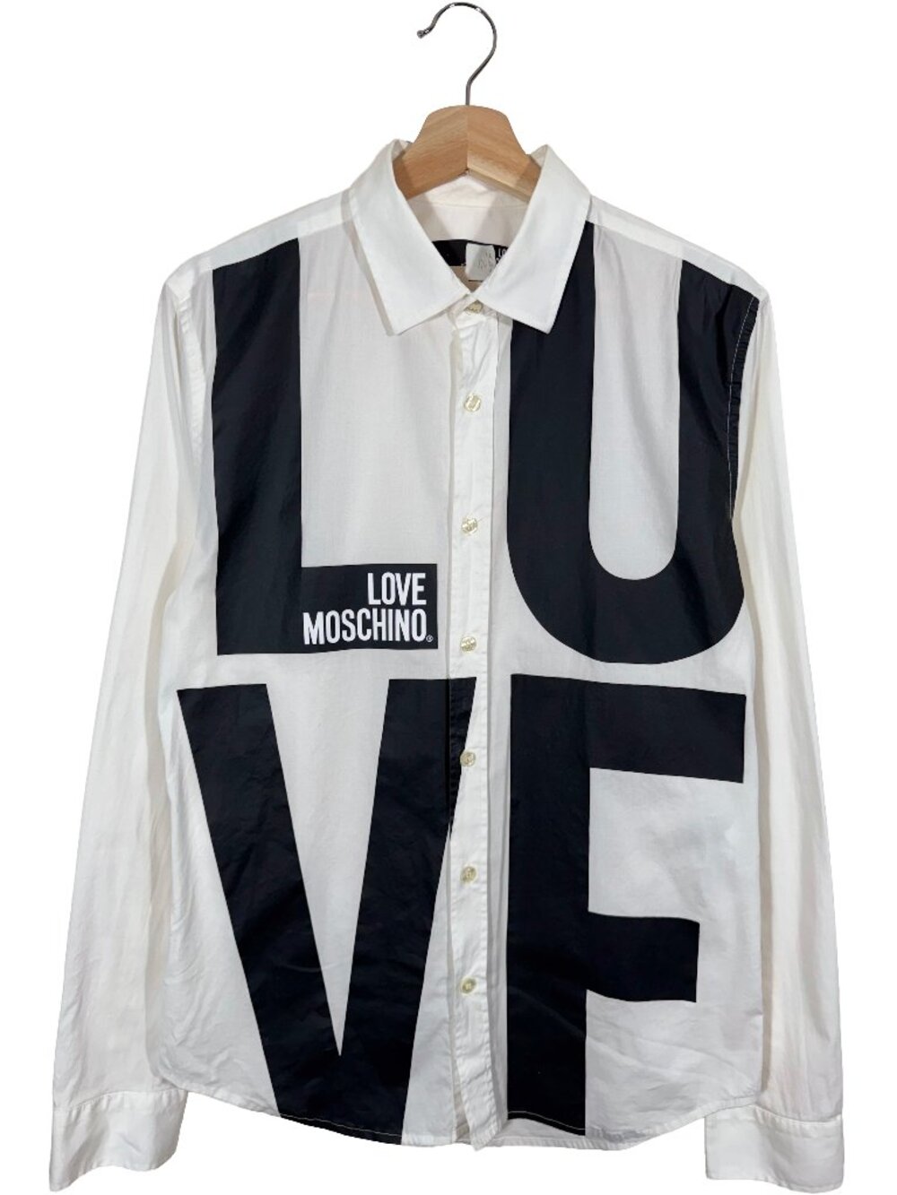 Love Moschino Large Block Print "Love" Long Sleeve Button Up shirt white men's M